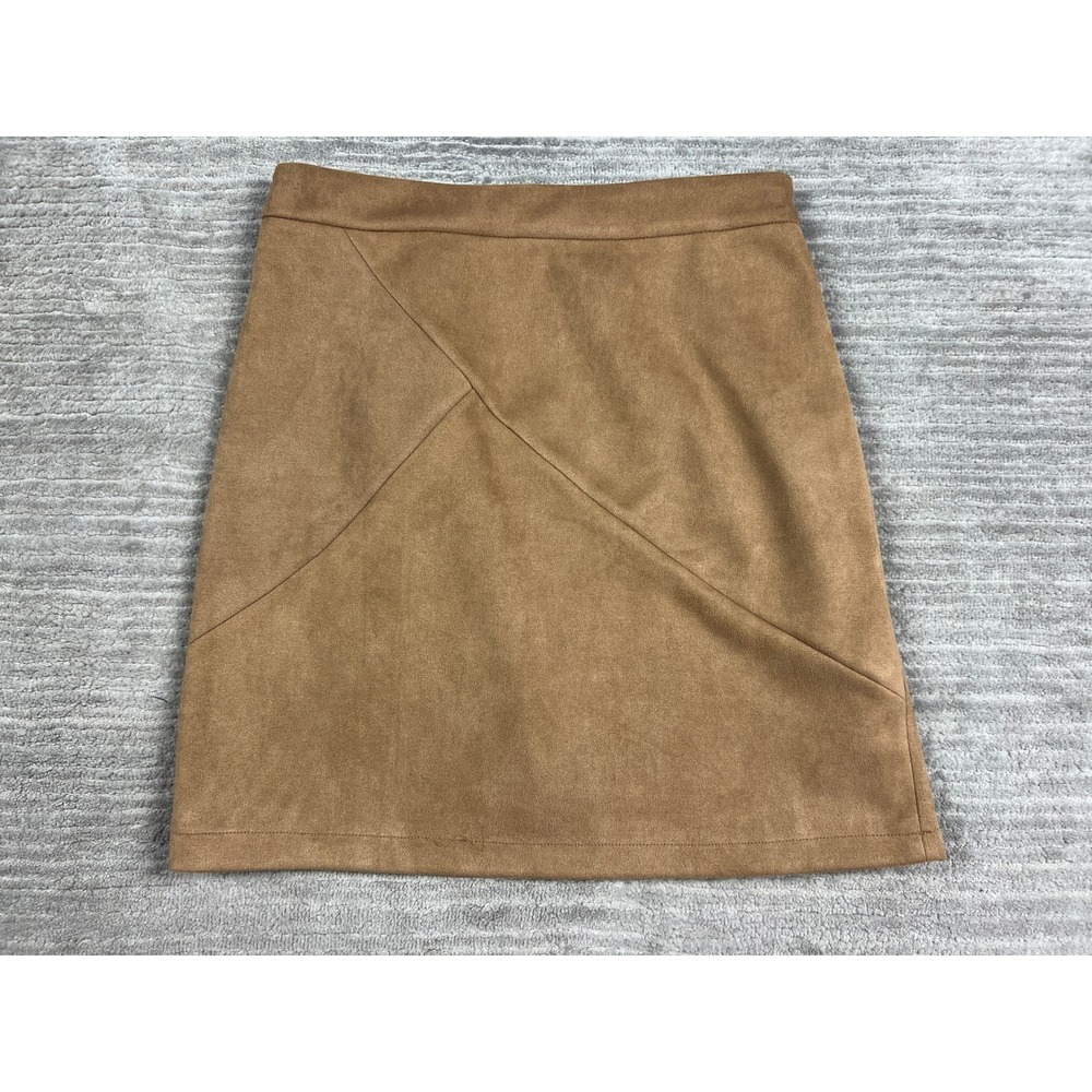 Simplee Mini Skirt Womens L Tan Brown Faux Suede Geometric‎ Seam Zip Back Casual